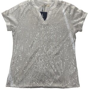 Anna-Kaci Silver Sequin V‑Neck Short Sleeve Top